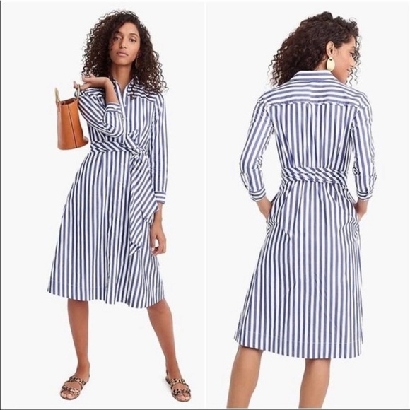 J. Crew Dresses & Skirts - J. Crew Cotton Poplin Tie-Waist Shirt Dress Blue White Stripe